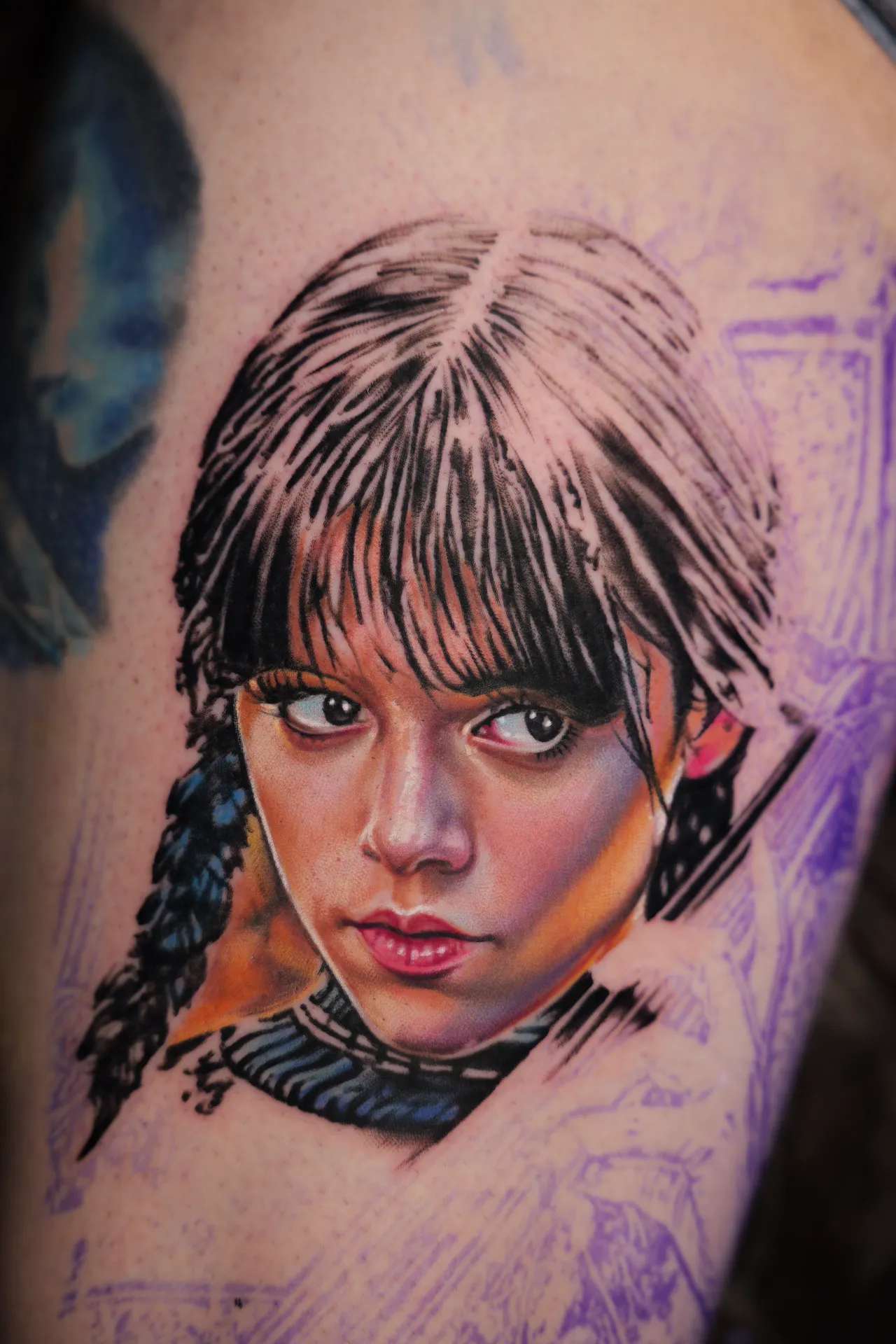 Color realism portrait of a Native girl with feathers and striking blue eyes — full-color skin tones by Hector Rodriguez Goderich, Fort Lauderdale